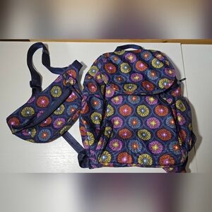 Lot of 2 Vera Bradley Backpack and Medium Belted Bag in Center Stage Glow design